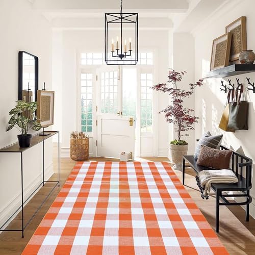 Fall Outdoor Rug Orange Buffalo Plaid Outdoor Rug Cotton Hand-Woven Buffalo Check Rug Layered Doormats for Front Door/Front Porch/Farmhouse/Entryway/Patio - Image 6