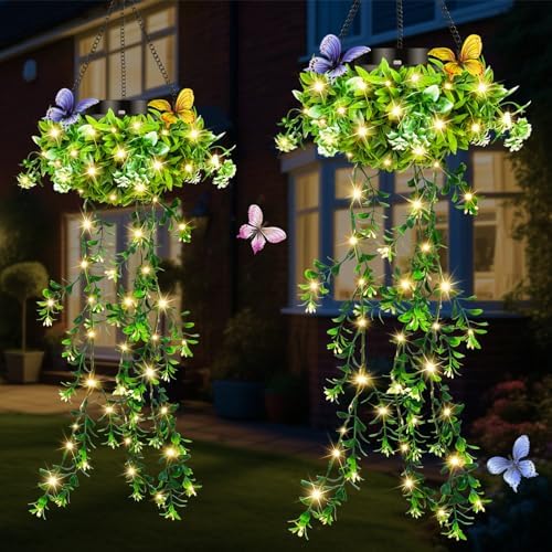 Solar Hanging Garden Lights, 2 Pack 66 LED Outdoor Lights with Realistic Milan Grass & White Flowers, IP65 Waterproof Solar Lanterns for Patio, Porch, Fence, Pergola & Backyard Decor, Auto On/Off by Unknown