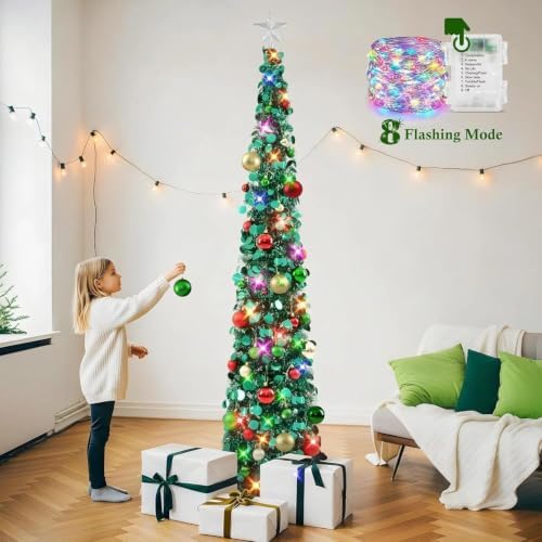 N&T NIETING Pop Up Christmas Tree with Lights & 40 Balls, 6Ft Collapsible Green Tinsel Tree Decorations, Skinny Christmas Tree for Holiday Home Office Decor, Green - Image 6