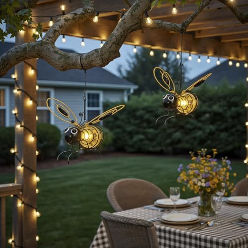 Solar Powered Hanging Bee Light Waterproof Solar-Powered Insect Ornament Suitable for Courtyards, Trees, Porches, and Terraces 2-Pack Yellow - Image 3