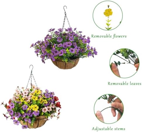 Artificial Hanging Plants Flowers with Basket 2 Packs, Artificial Hanging Flowers for Outdoors, Faux Hanging Plants Outdoor, Blue Fake Flowers, Yellow+Purple+Pink+Red&Purple - Image 2