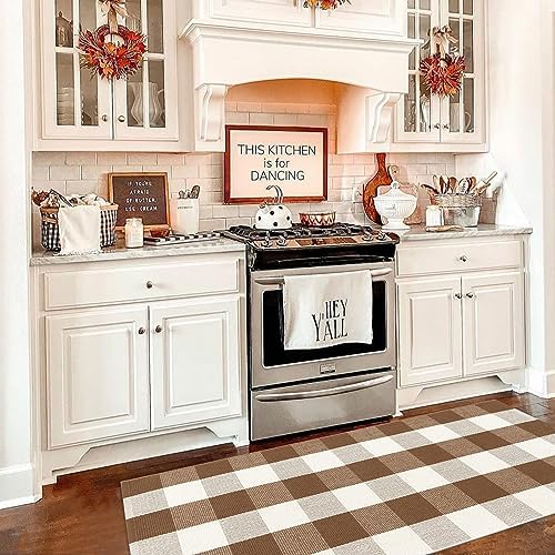 Buffalo Plaid Outdoor Rug 24"x51"Doormat Farmhouse Checkered Front Porch Rug Machine Washable Woven Cotton Layered Door Mats for Indoor Entryway Kitchen Bedroom (24"x51", Coffee and White) - Image 4