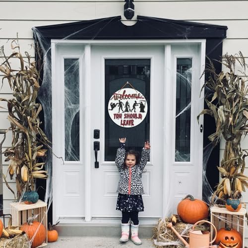 Halloween Horror Welcome Sign for Front Door, Welcome You Should Leave Sign, Horror Movie Characters Door Hanger, Halloween Door Sign Scary Halloween Decorations Wreath for Farmhouse Porch Wall Decor - Image 5