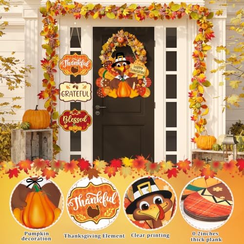 Thanksgiving Decoration Wood Pumpkin Turkey Door Wall Wreath for Front Door Sign Thankful Blessed Grateful, Pumpkin Sign for Fall Autumn Harvest Home Thanksgiving Party Outdoor Halloween Decoration - Image 6