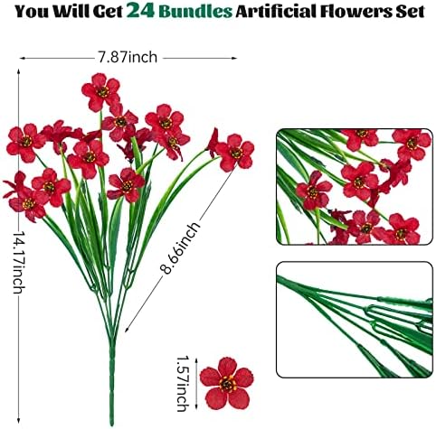 24 Pcs Artificial Flowers for Outdoor, Plastic Fake Flowers Decoration, Red - Image 2