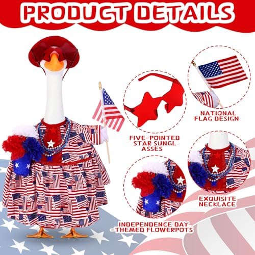 Abbylike 4th of July Porch Goose Outfit Fit 23" Plastic & Cement Statue American Flag Goose Skirt Clothes for Patriotic 250th Anniversary Independence Day Outdoor Garden Yard Patio Lawn Decor - Image 3