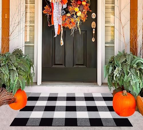 Fall Buffalo Plaid Doormat 24"x35"Black White Outdoor Rug for Front Porch by BUAGETUP