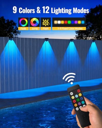 Solar Fence Lights with Remote 12 Pack, 9 Fixed Colors 12 Modes, Fence Lights Solar Powered Outdoor Waterproof, Warm/Cool White, RGB LED Deck Lights for Step/Yard/Railing/Balcony/Patio/Stairs/Outside - Image 2