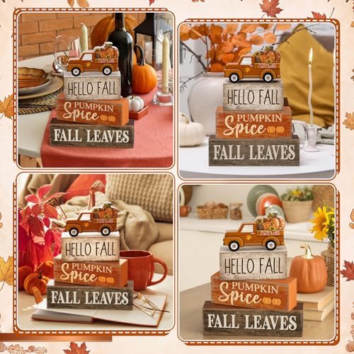 Moucuny 4 Pcs Fall Table Decor, Pumpkin Wood Block Sign Home Tray - Image 5