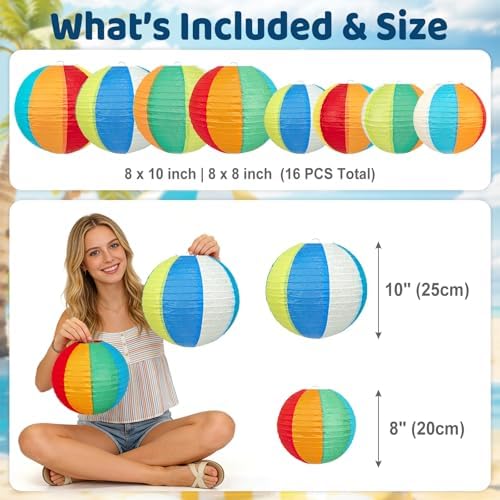 Beach Ball Paper Lanterns, Pool Party Decorations, 16 Pcs Colorful 8" & 10" Hanging Lanterns for Summer Party, Beach Birthday Party, Classroom & Office Decor - Image 3