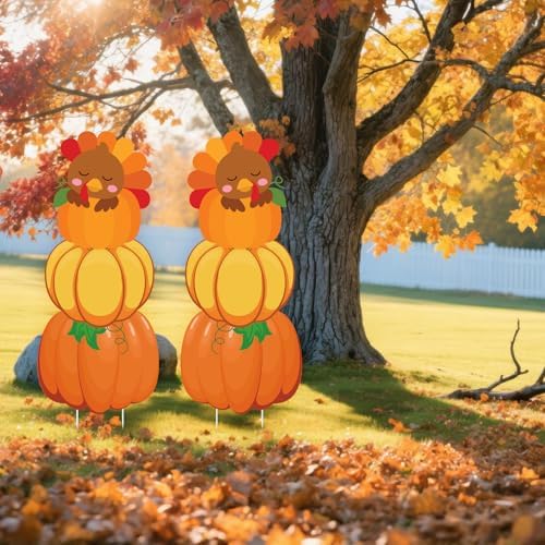 Geelin 2 Pcs Large Size Thanksgiving Yard Sign with Stakes Decorations 32" Pumpkin Decorative Garden Stakes with Turkey for Autumn Fall Home Outdoor Garden Lawn Patio Decorations - Image 5