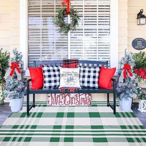 Christmas Plaid Outdoor Rug, 4' x 6' Green&White Checkered Indoor/Outdoor Area Rug, Layering Rug for Hello/Welcome Door Mat, Machine Washable Cotton Woven Rug for Farmhouse Front Porch, Entryway - Image 5