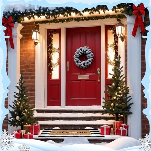 Duraaamo 2 Pcs Winter Coir Doormat Outdoor Snowflake Welcome Winter Rug Mat Layered Buffalo Plaid Snowflake Mat for Christmas Front Porch Entryway - Image 6