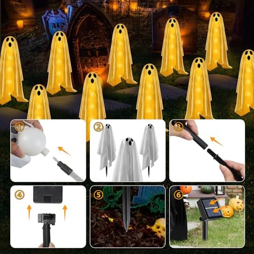 6PACKS Halloween Decorations Outdoor Solar Ghost Lights,Scary Ghost Decor with Spooky Party Gifts,Solar Halloween Path Lights for Front Porch/Yard/Garden/Home/Ghost Party Decor Warm White - Image 5