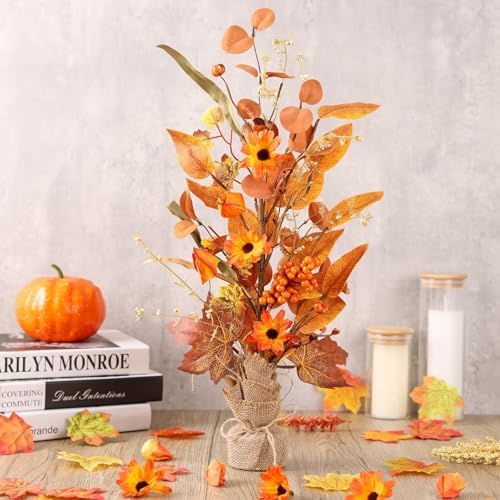 YLOLUL 2 Pcs 22 Inch Artificial Fall Tree Tabletop Decorations, Fake Berry Maple Leaf Thanksgiving Centerpieces for Table, Autumn Harvest Wedding Holiday Party Home Fireplace Mantle Decor - Image 4