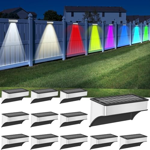 Solar Fence Lights Outdoor 12 Pack, LED Step Lights with 9 Lighting Options, Stainless Steel & IP65 Waterproof, Dusk to Dawn, Solar-Powered Wall Lamps for Outside, Deck, Steps, Patio, Backyard Decor by Lightkeeys