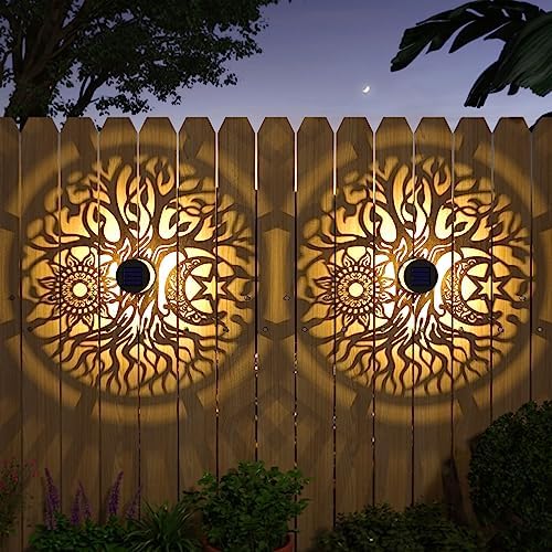 gardencave 4 Pack Solar Fence Lights Metal Solar Powered Outdoor Wall Deck Step Lights Tree Theme Waterproof Fence Light for Garden Post Patio Backyard Yard Decor (Tree, 4 Pack) by gardencave