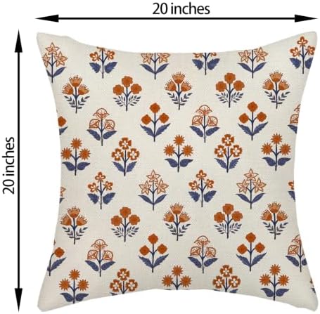 Fall Burnt Orange Blue Pillow Covers 20x20 Inch 2 Pcs Block Print Vintage Floral Decor Throw Pillows Boho Flower Summer Outdoor Seasonal Decoration Pillowcase Linen Cushion Cover for Couch Sofa - Image 6