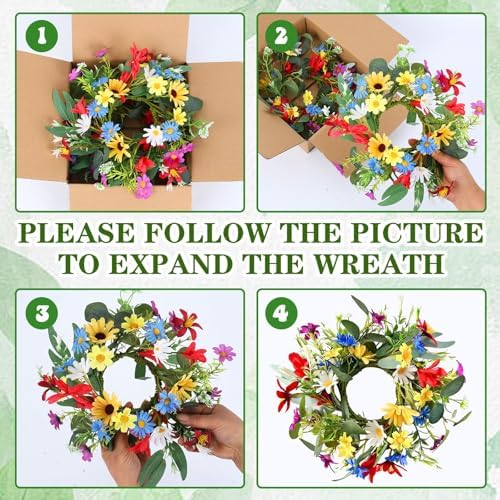 4 PCS 9'' Mini Floral Kitchen Cabinet Wreath Small Artificial Spring Summer Wreath for Front Door with Burlap Ribbon Sunflowers Daisy Butterfly Hanging Farmhouse Wreaths for Porch Wall Window Decor - Image 4