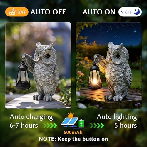 Solar Owl Garden Statues & Light, Outdoor Resin Yard Figurine Decor - Image 3