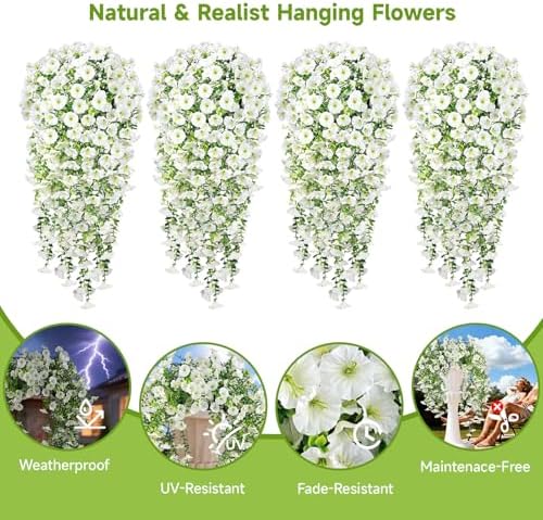Artificial Hanging Flowers for Outdoors, 4 PCS 600 Blooms UV Resistant Morning Glory Faux Silk Vines, No-Odor Realistic Fake Plants for Garden Planter Porch Patio Decoration, White - Image 2