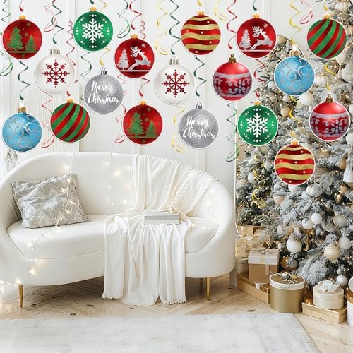 Christmas Hanging Swirl Decorations - 30 Pcs Christmas Ball Hanging Foil Swirl Xmas Tree Snowflake Elk Ceiling Decor for Xmas Holiday Party Supplies - Image 2