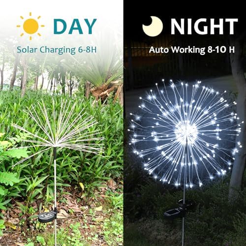 JJGoo Solar Firework Lights, 2 Pack 135 LEDs 2 Lighting Modes Solar Lights Outdoor Waterproof for Garden Patio Walkway Pathway Party Wedding Christmas Decorative - White - Image 4
