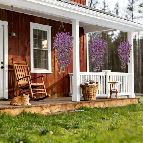4 Pcs Artificial Hanging Flowers for Outdoor Indoor, UV Resistant Silk Daisy Fake Flowers, Realistic Faux Trailing Vines for Spring Garden Planter Porch Patio Window Box Decor(Double Purple) - Image 4