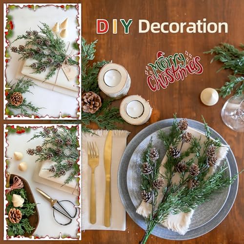 Faux Cedar Stems Artificial Norfolk Pine Branches for Christmas Decor, 12 PCS Fake Pine Stems with 2 PCS Pine Cones Branches Real Touch Realistic Faux Greenery for Vases DIY Garland Xmas Table Indoor - Image 4