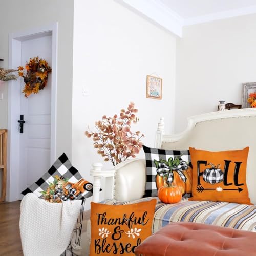 GEEORY Fall Decorative Throw Pillow Covers 20 x 20 Inch Set of 4, Pumpkins Thankful Blessed Buffalo Plaid Fall Decor Outdoor Farmhouse Pillow Cases for Home Couch (Orange Color) G337-20 - Image 5