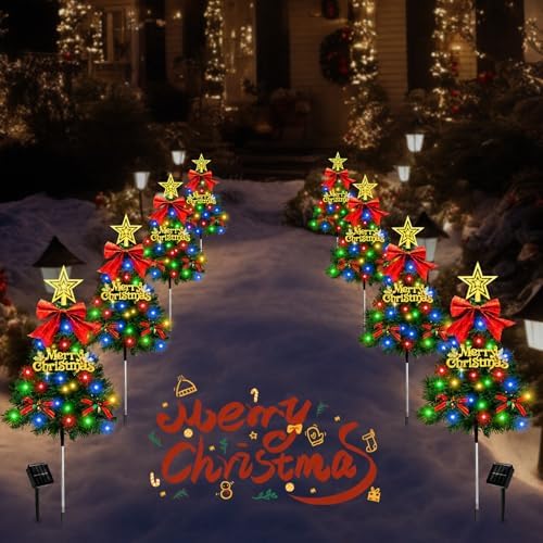 Christmas Tree Solar Pathway Lights Outdoor Decor, 8 Pack, Green - Image 6