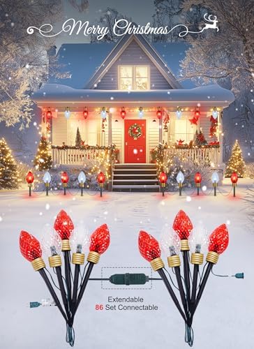 Strawberry Jumbo C9 Christmas Pathway Lights Outdoor - 2Pack Total 17FT 10 LED C9 Walkway Light, Hanging Christmas Lights Outdoor for Lawn Yard Holiday Decorations, Red & Pure White - Image 3