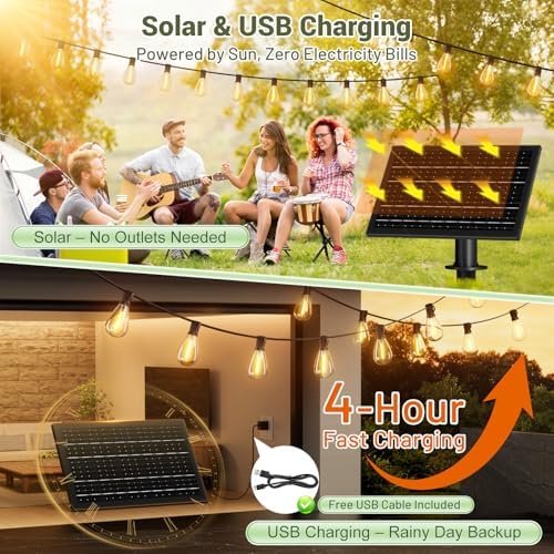 200FT Solar String Lights Outdoor Waterproof 72+2 LED Bulbs, Solar Powered with Remote & USB Port, 3 Light Modes Dimmable Patio Lights for Large Backyard, Garden, Party - Image 4