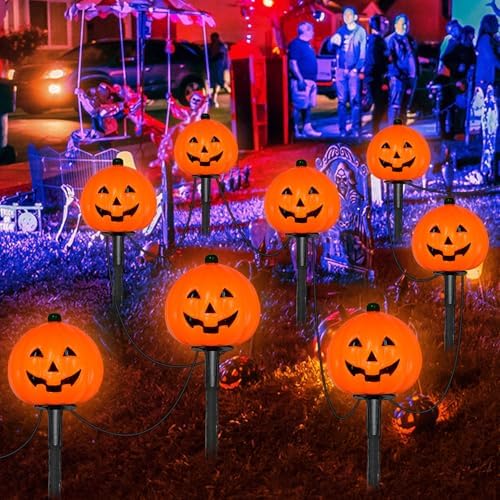 2 Sets 7Ft Halloween Pathway Lights Outdoor Pumpkin Stake Light with 4 Jack-O Lantern Pumpkin Lights and 4 Stakes for Halloween Decorations Outdoor Walkway Pathway Driveway Garden Yard Lawn Light - Image 3