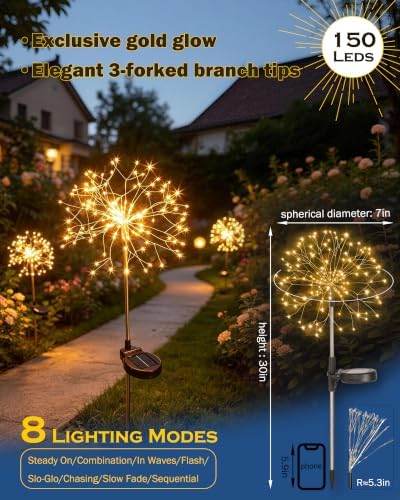 Solar Garden Lights Outdoor Yard Decorations, 2 Pack 150Leds Pathway Lights Stake, Fairy Firework Light for Garden, Patio, Pathway, Flowerbed Gold Color - Image 2