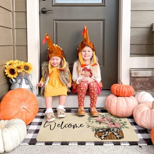 Fall Door Mat Outside,Pumpkin Eucalyptus Welcome Mat for Front Door,Thanksgiving Autumn Indoor Outdoor Non-Slip Rugs,Fall Doormat for Farmhouse Home Porch Decorations (Pink 30" x 17") - Image 4
