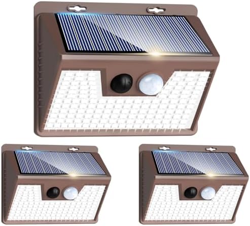 Peasur Solar Lights Outdoor Motion Sensor [3 Pack/140LED/Brown], Ultra-Bright 3 Mode Fence Security Light Waterproof, Solar Wall Lighting for Patio Yard Step House Outside by Peasur