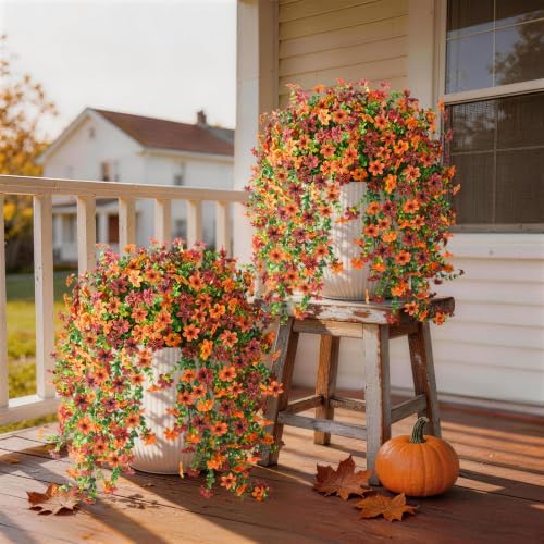 Artificial Fall Fake Flowers for Outdoor Decor,4 Pcs UV Resistant Faux Mums by INQCMYPlantRack