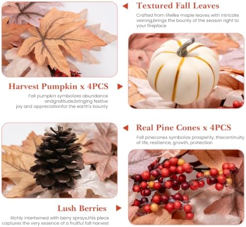 6 FT Fall Garland with 30 Lights & 8 Modes Timer, Pre-lit Lifelike Lighted Fall Maple Leaves Garland with Pumpkin Berries PineCones, Battery Operated Autumn Garland Decor for Mantle Table Thanksgiving - Image 5