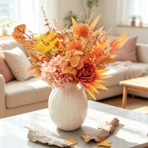 Artificial Fall Flowers with Vase – Autumn Hydrangea & Rose Arrangement - Image 2