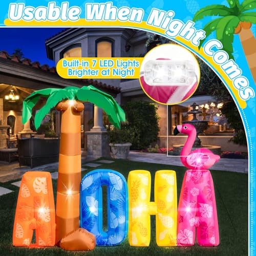 7FT Inflatable Aloha with Palm Tree Flamingo for Luau Party Decorations, Blow Up Aloha Sign Built-in 7 LED Lights for Summer Outdoor Decor, Hawaiian Beach Pool Yard Garden Birthday Photo Backdrop - Image 3