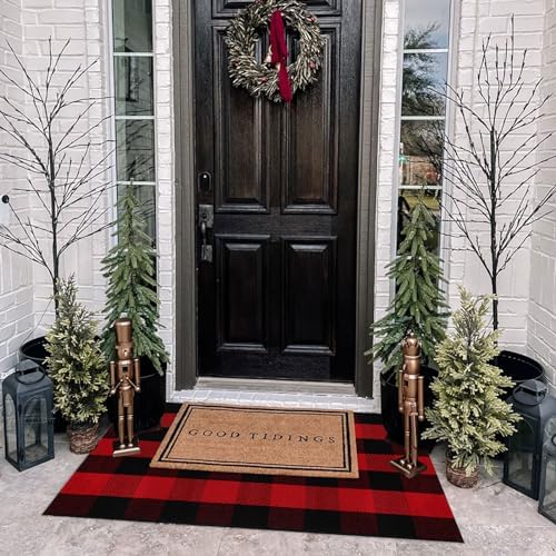 Christmas Door Mat Outdoor 27.5"x43" Buffalo Plaid Christmas Decor Rug Cotton Hand-Woven Layered Door Mats Washable Carpet for Front Porch, Kitchen, Farmhouse, Entryway - Image 2