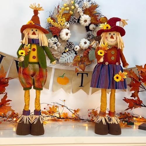 Juegoal 2 Pack Fall Decorations Large Scarecrows with Stretchable Legs, 28" Standing Scarecrow Thanksgiving Harvest Autumn Decor, Figurine Gifts for Home Housewarming Outdoor Farmhouse Porch - Image 5