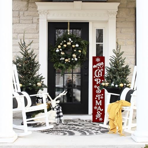 Merry Christmas Sign Xmas Front Door Hanging Decor Wooden Vertical Indoor Outdoor Porch Standing Signs For Garden Home Yard Farmhouse Porch 47.2 x 7.8 Inch - Image 7