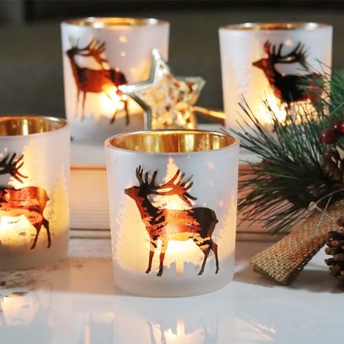 SHMILMH Christmas Votive Candle Holders Set of 4, Gold and Silver Glass Tealight Candle Holders for Xmas Table Centerpiece Decorations, Christmas Candle Jar for Candle Making by SHMILMH