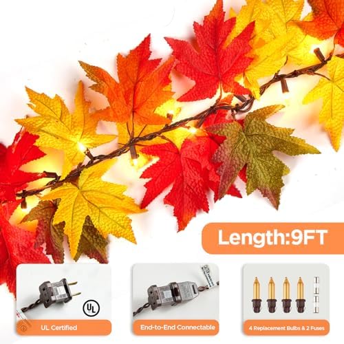 Fall Decor Fall Garland with Lights 9Ft Large Leaves Halloween Decorations - Image 5