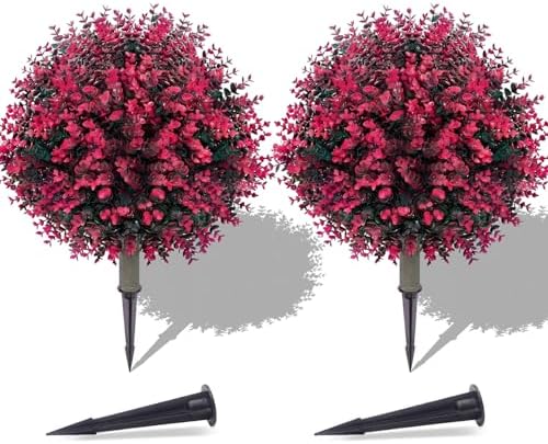 PATIO CHOICE Topiary Trees Artificial Outdoor Boxwood Ball Trees with Ground Spike Set of 2 22" Fake Outdoor Plants Faux Bushes and Shrubs Decorations for Outdoor Indoor Front Porch Garden by LittleBeaver