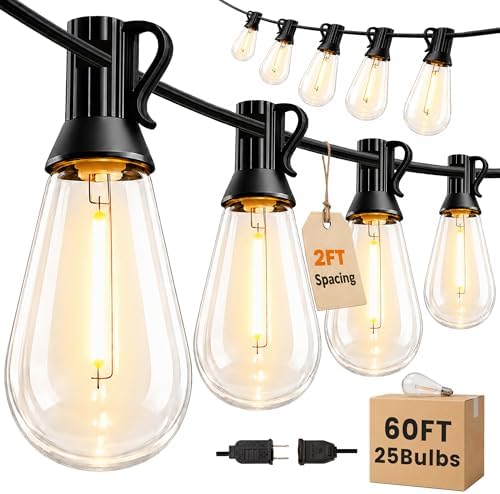 Outdoor String Lights 60FT(50+10) Waterproof, 25 LED S14 Shatterproof Edison Bulbs, 2FT Spacing, Extension Cord, Connectable Plug in Hanging Patio Lights for Outside, Backyard, Warm White by Unknown