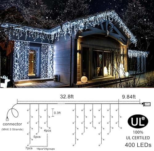 400 LED Icicle Lights for Outside 33FT White Christmas Lights Outdoor - Image 2