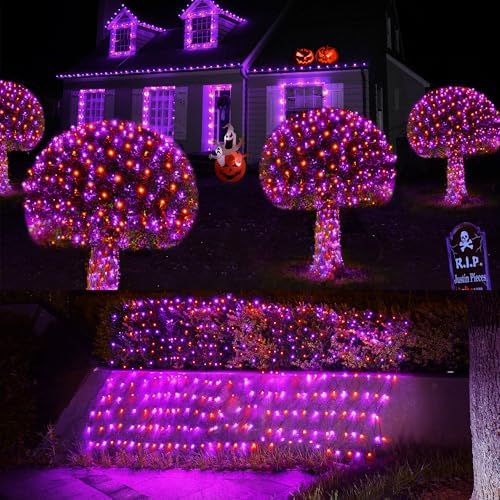 WBao Solar Halloween Lights Outdoor 200LED F8 Big Bulbs, 8.4ft x 5.2ft Orange Purple Net Lights with Remote, 8 Modes, Timer, Connectable, Waterproof & Dark Green Wire for Lawn, Bushes Halloween Decor - Image 5